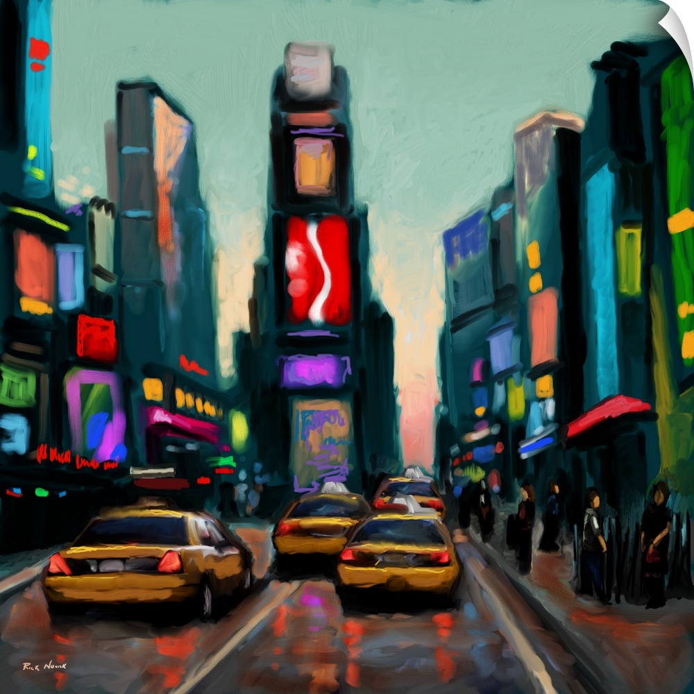 Contemporary art print of taxis in the street in Times Square, lit up with brightly colored advertisements.