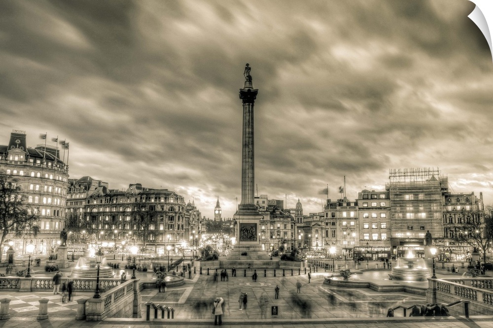 HDR photograph in sepia tone of Trafalgar Square in London, England.
