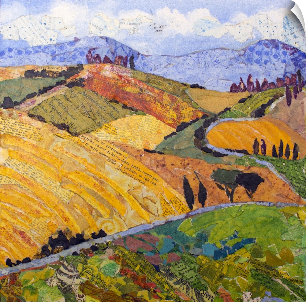 Tuscan landscape with yellow rolling hills, purple mountains, and winding road.