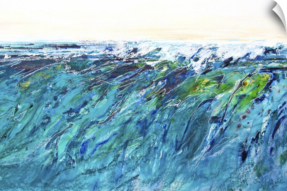Contemporary seascape painting of deep blue and green ocean waves with white foam.