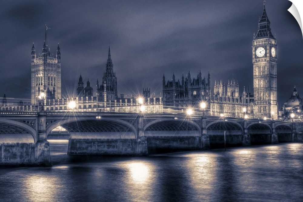 HDR photograph of the houses of parliament and Big Ben from across the river Thames, London.