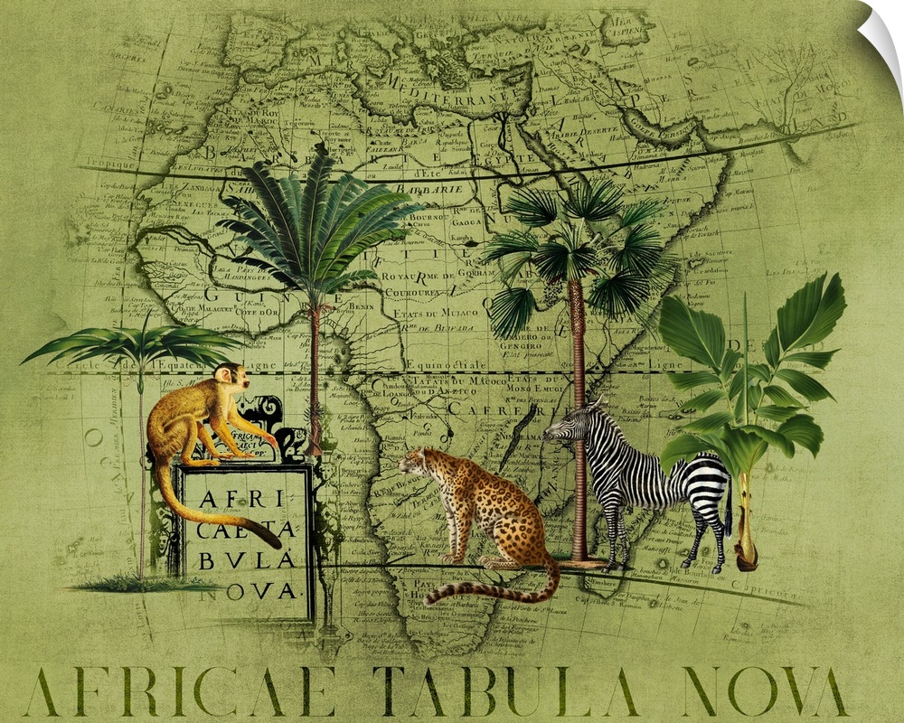 Vintage style mixed media art with zebra, cheetahs, and old map.