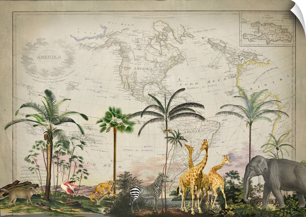 Vintage style mixed media art with old map, tropical landscape, and wild animals.