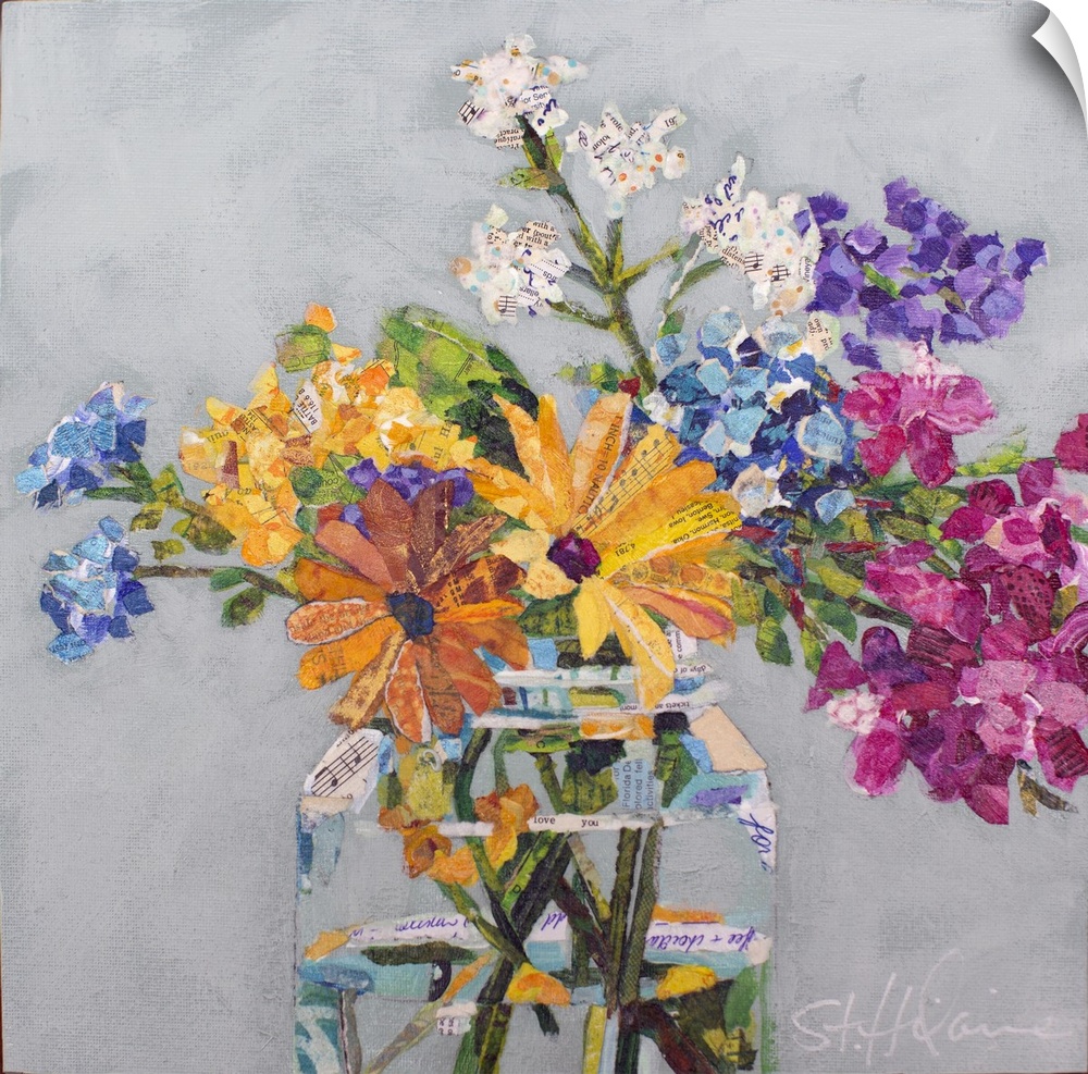 Mixed media collage of wildflowers of yellow, pink, purple, and white in a clear glass jar.