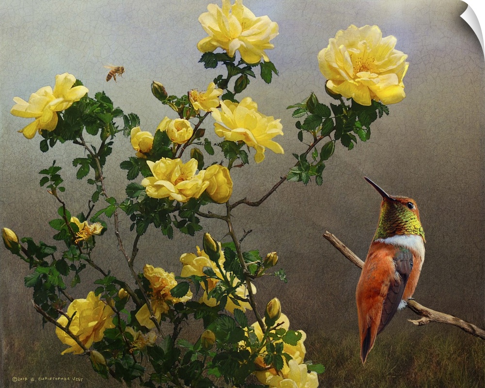 Contemporary artwork of a hummingbird perched on a branch net to a bouquet of yellow roses.