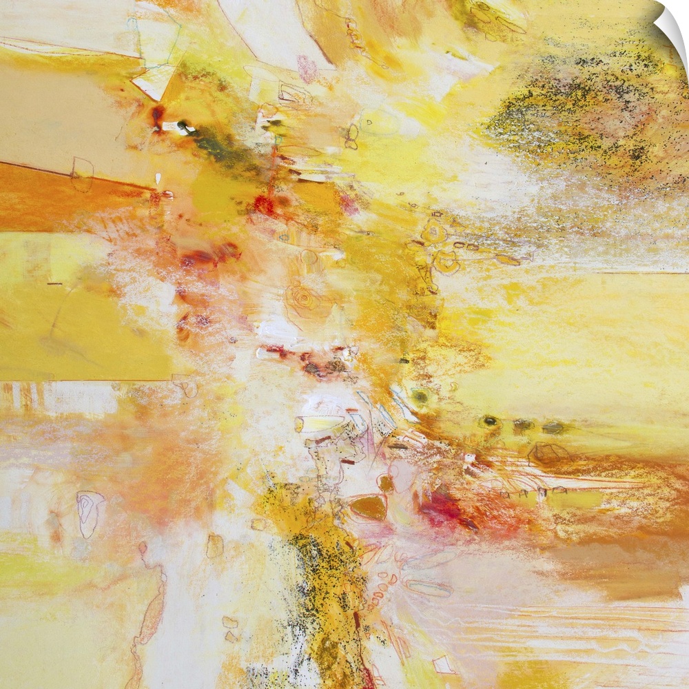 Contemporary abstract art, originally in acrylic, ink, and watercolor, in bright shades of orange and yellow.