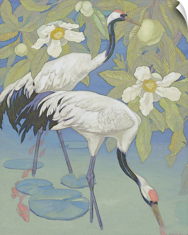 A watercolor rendition of two white and blue mystic cranes in lush tropical setting, with water and white flowers. Pastel ...