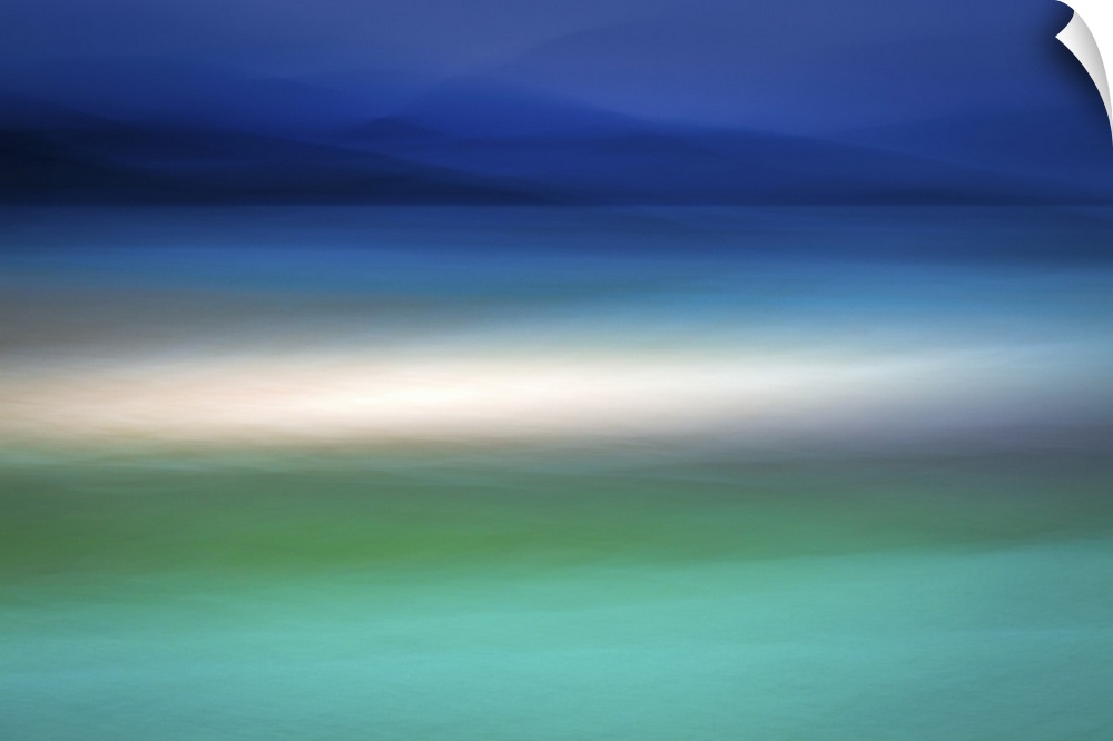 Colorful abstract  of mountains, sand, and teal blue water in a minimalist style.