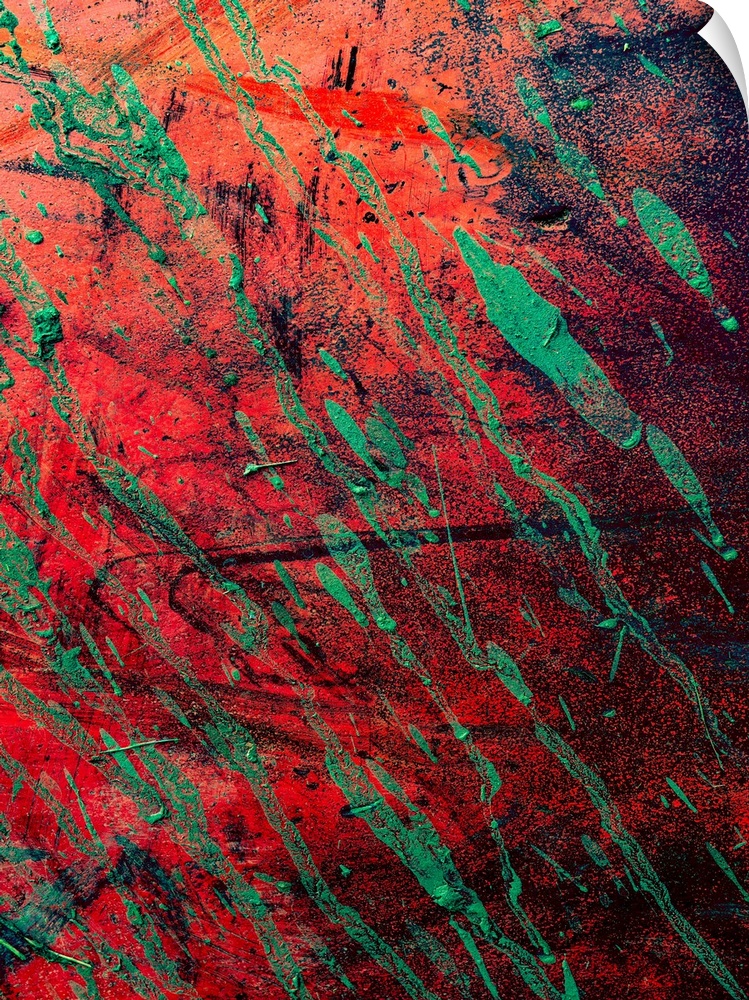 Textured art with a bright red background with black and green strokes of color.