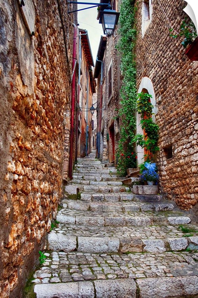 Narrow cobblestone alley in a Medieval town with a Cheese Shop, Sermoneta, Latina, Italy.