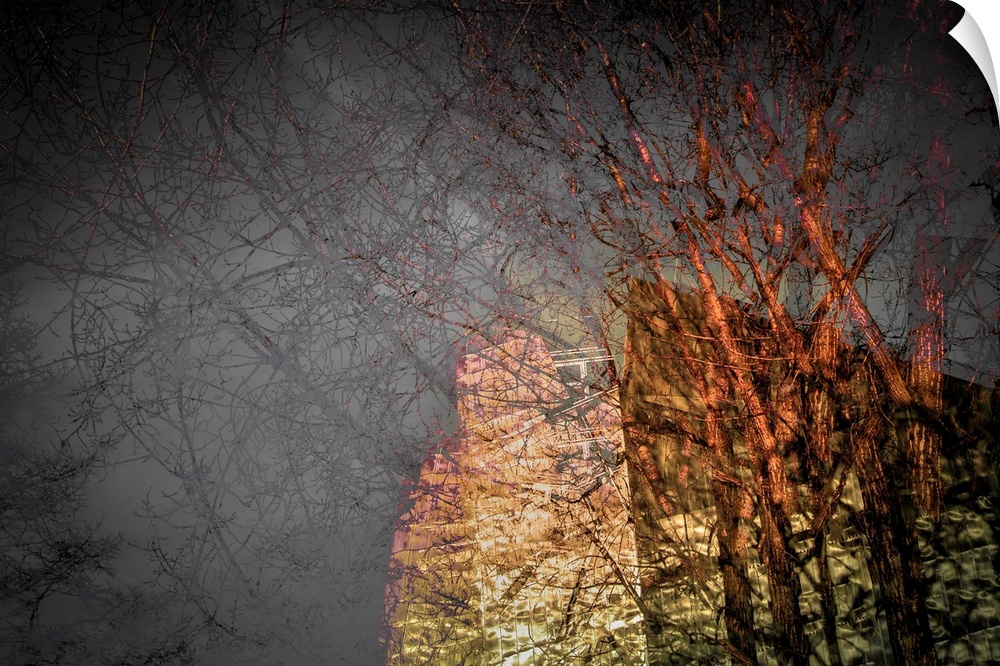 Abstract composite of trees and a building with rough textures in brown, red, and white.
