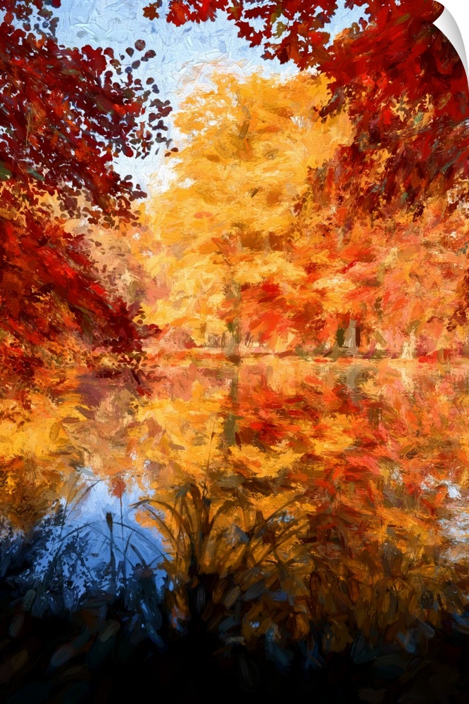Autumn trees reflected in the water of a pond