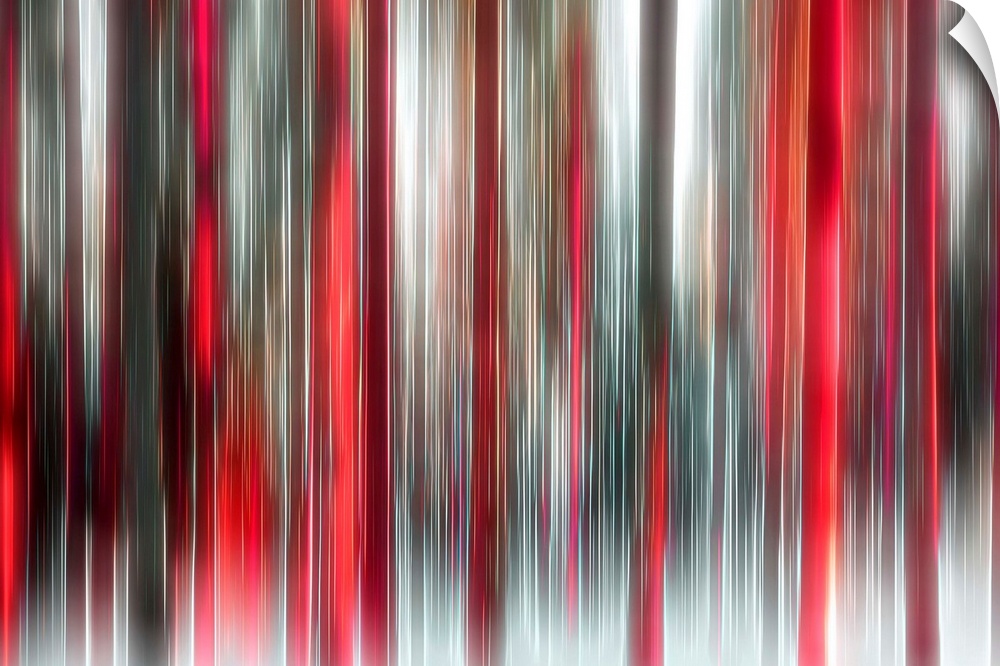 An abstract photograph of a forest in red and black in a vertical motion blur.
