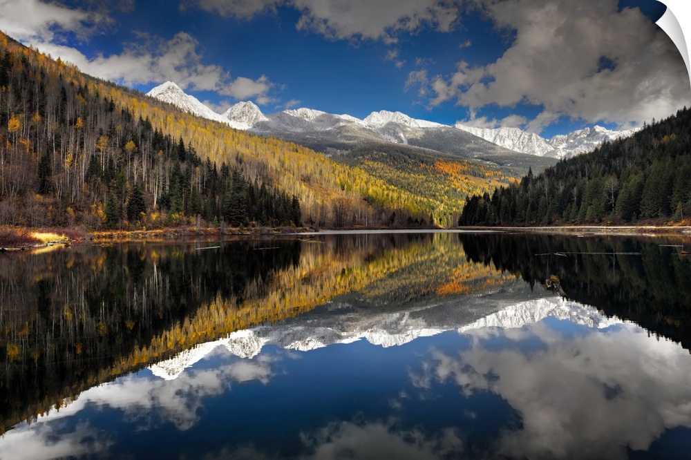 Mirror reflection in a lake of snowy mountain peaks overlooking a forested valley.