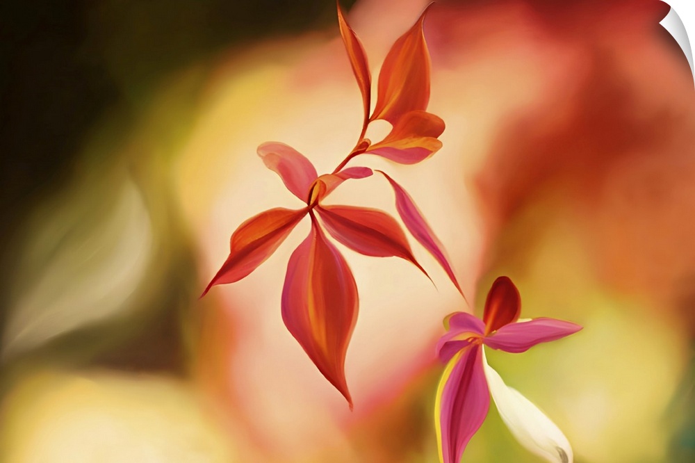 A group of three leaves in full Fall color, agains a warm, blurred backdrop of similar warm colors. It is intended to show...