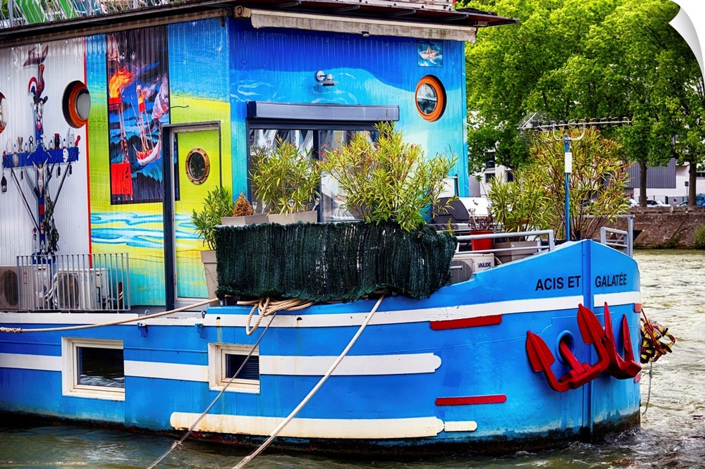 Colorful Houseboat on the Saone River, Lyon, France