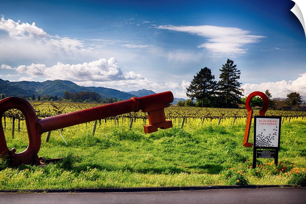 Fine art photo of a large key sculpture near the entrance to a vineyard.