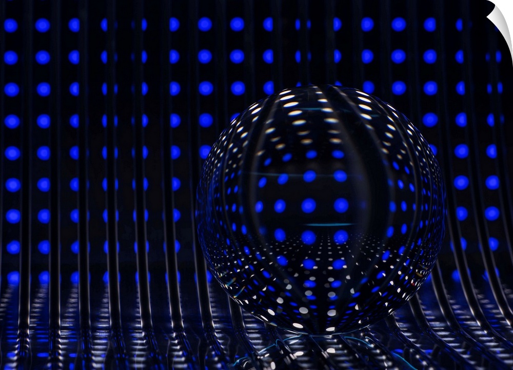 Conceptual photograph of a glass sphere reflecting rows of small lights.