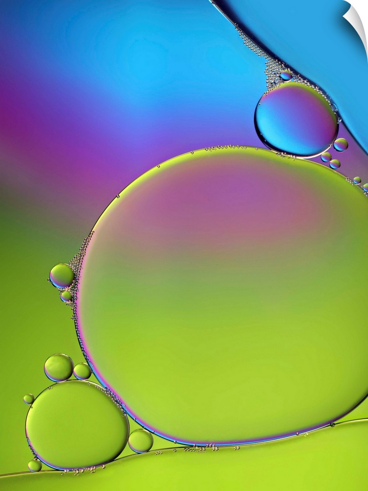 A macro photograph of air bubbles illuminated by vibrant colors.