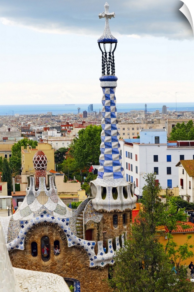 High Angle View of the Gatehouse with White and Blue Tower, Park Guell