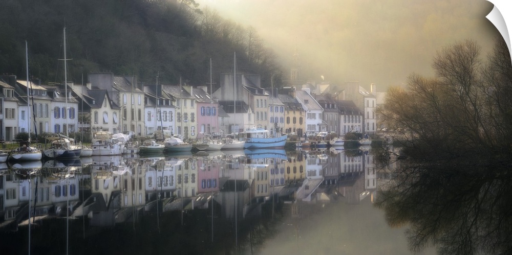 A photograph of a foggy marina in a small French village.