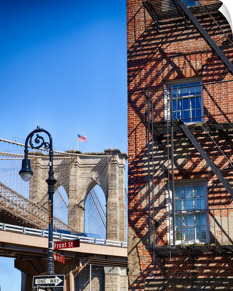 Brooklyn Bridge Stone Tower View and a Typical House with Fire Esacpes, Manhattan, New York