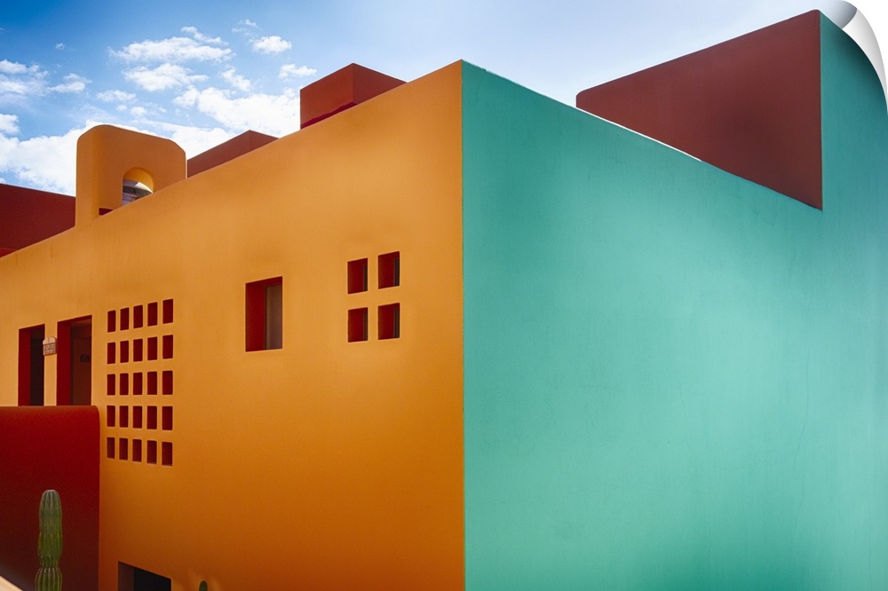 View of a Modern Building with simple Rectangle and Square Hsapes, but with Bold Colors, Cabo San Lucas, Baja California S...
