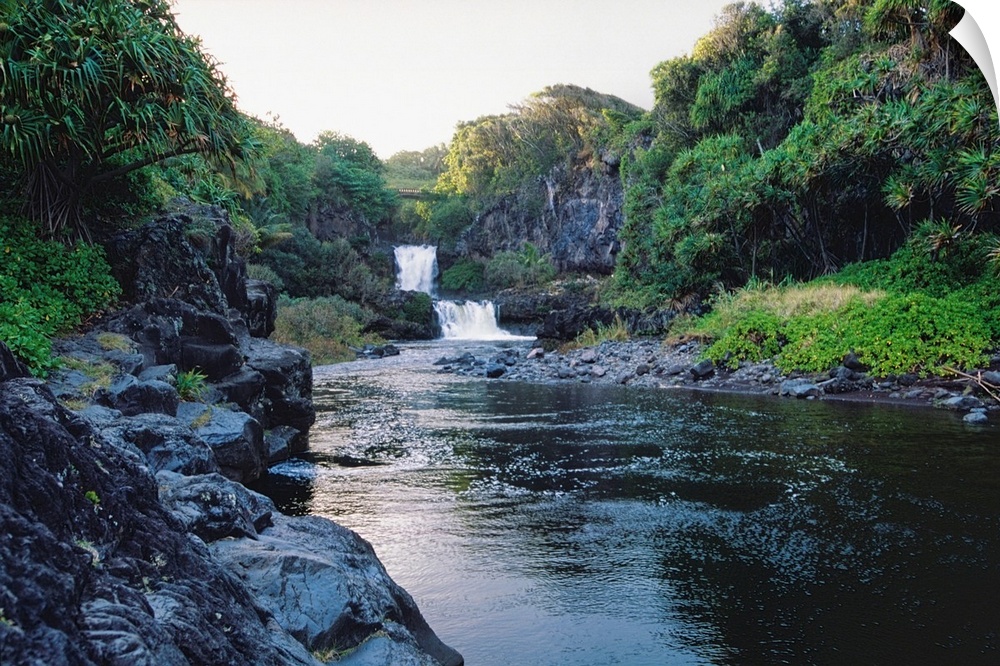 Hawaii, Maui, Hana, Seven Sacred Pools, a waterfall and a bridge.