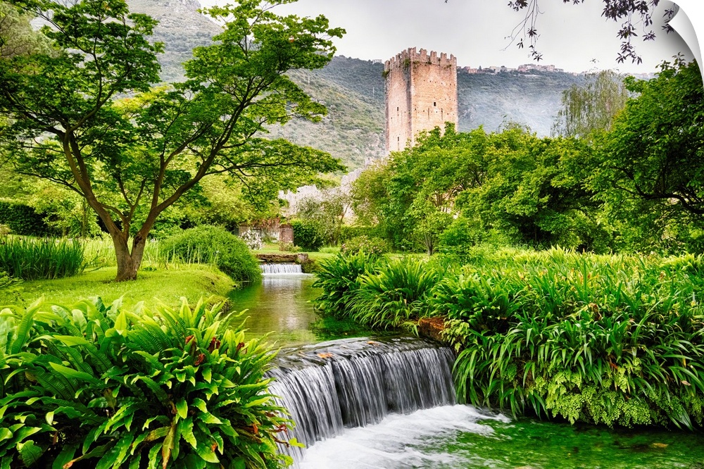 Cascading creek in a garden with a Medieval Tower, Latina Italy.