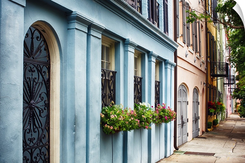 Row of colorful historic houses, east bay street, Charleston, South Carolina.