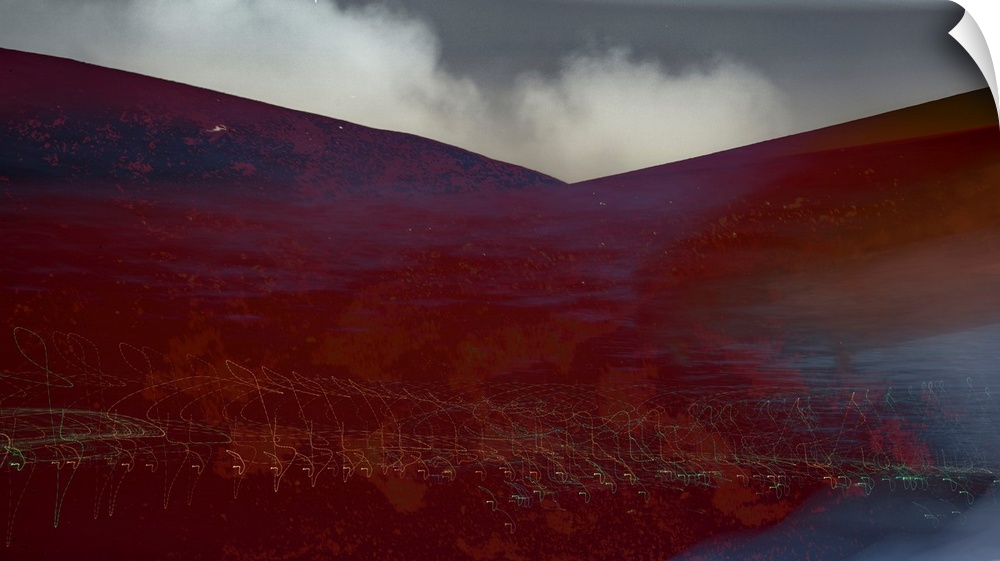 Photograph of an abstract landscape with rusted red hills and light trails, created with multiple exposures and layers.