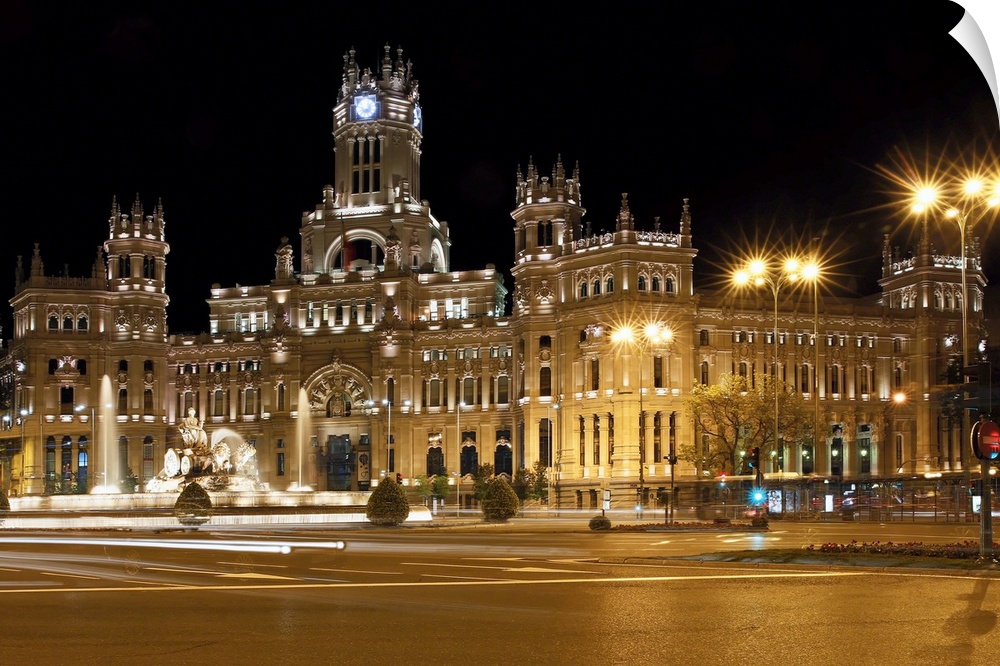 Low Angle Night View of the Cibeles Palace and Fountain