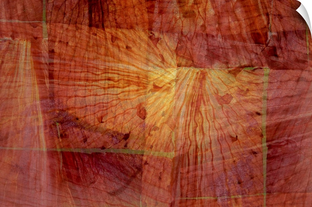 Abstract art in shades of red, orange, and yellow with a faded wood grain background and a dreamlike overlay.