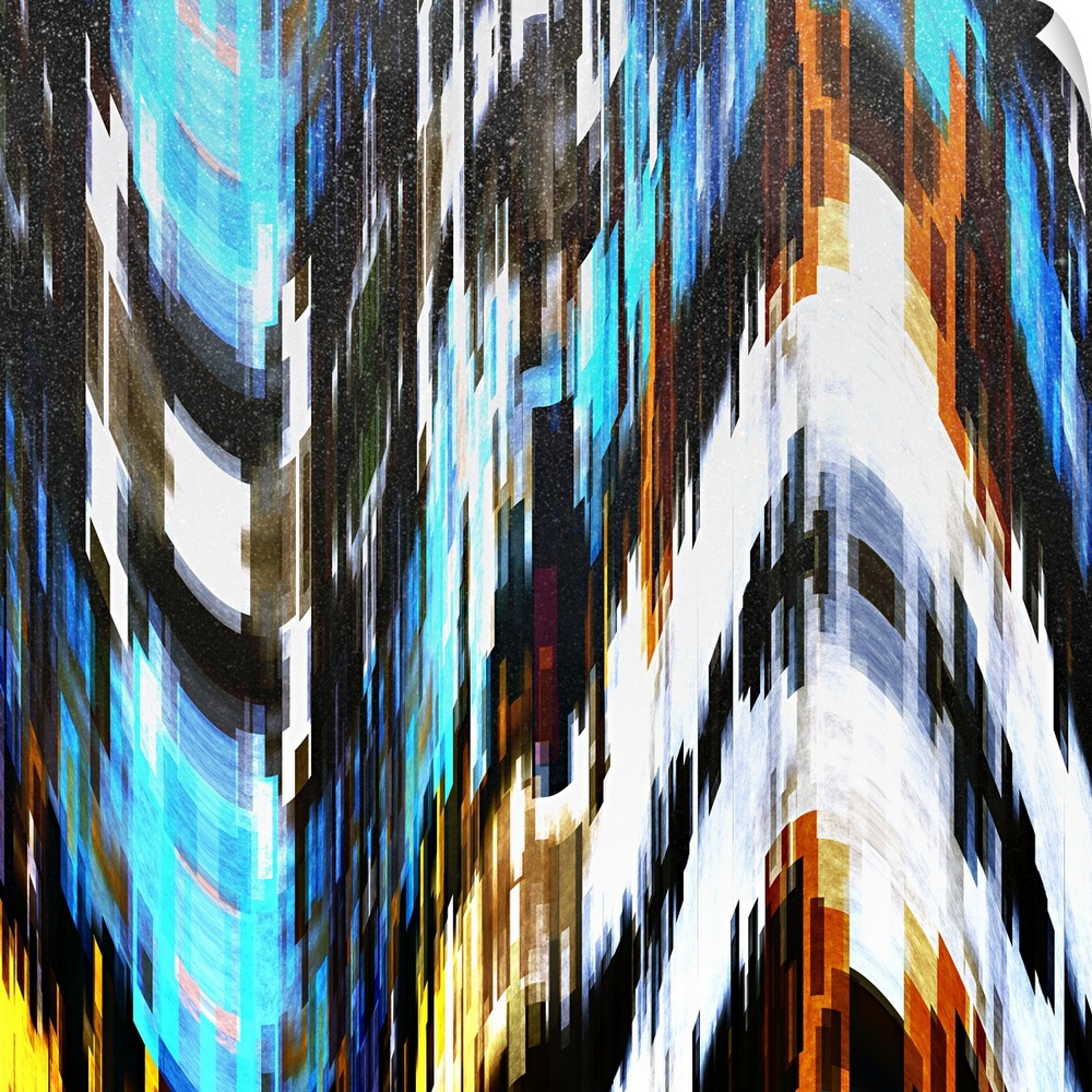 Bright orange, white, and blue lights from a city scene warped into stretched, square shapes to create an abstract image.