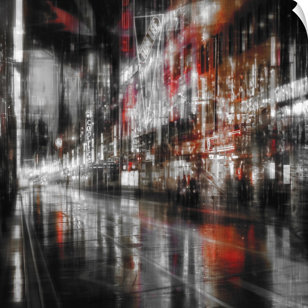 Conceptual image of a rainy city street scene at night in multiple exposures, creating an illusion of movement.