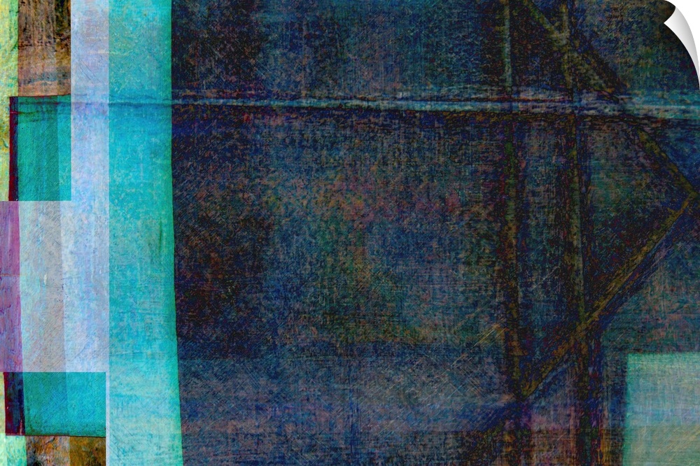 A contemporary abstract of rectangular forms in shades of blue, turquoise and brown.