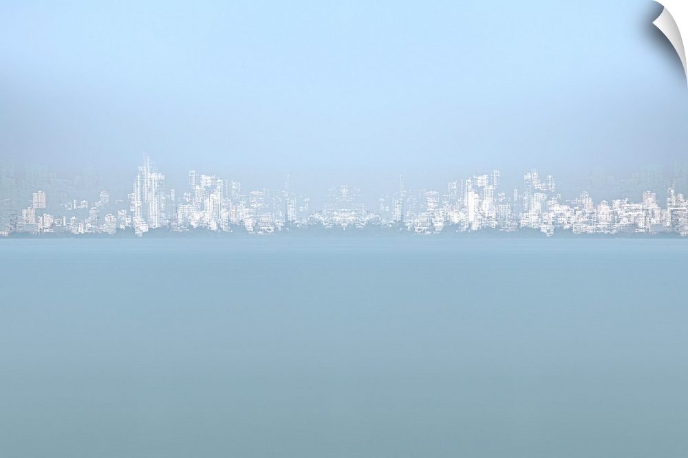 Light blue and white image of an abstract city skyline created with multiple exposures.