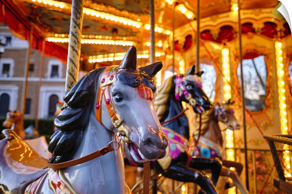 Close Up View of Horses on a Classic Carousel, Rome, Italy