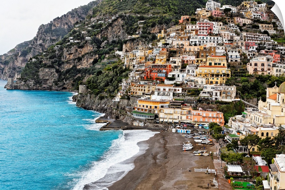 High angle close up view of the beach and Town of Positano, Campania, Italy.