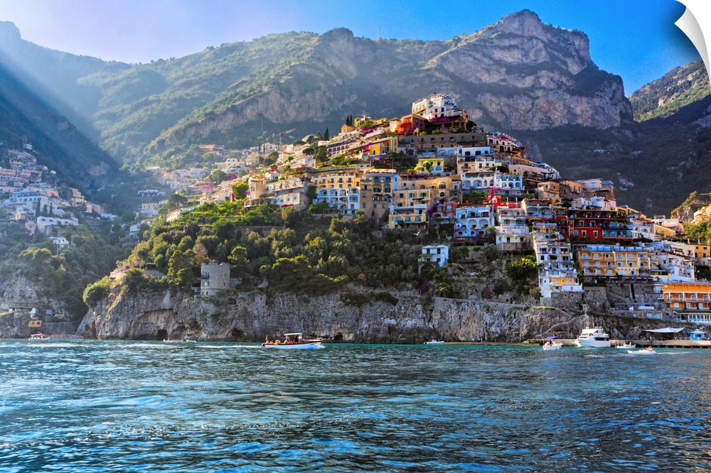 Low angle View of a Cliffside Town, Positano, Campania, Italy