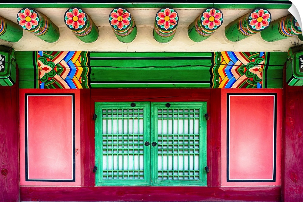 Intricately painted beams and window shutters on the Royal Palace in Seoul, South Korea