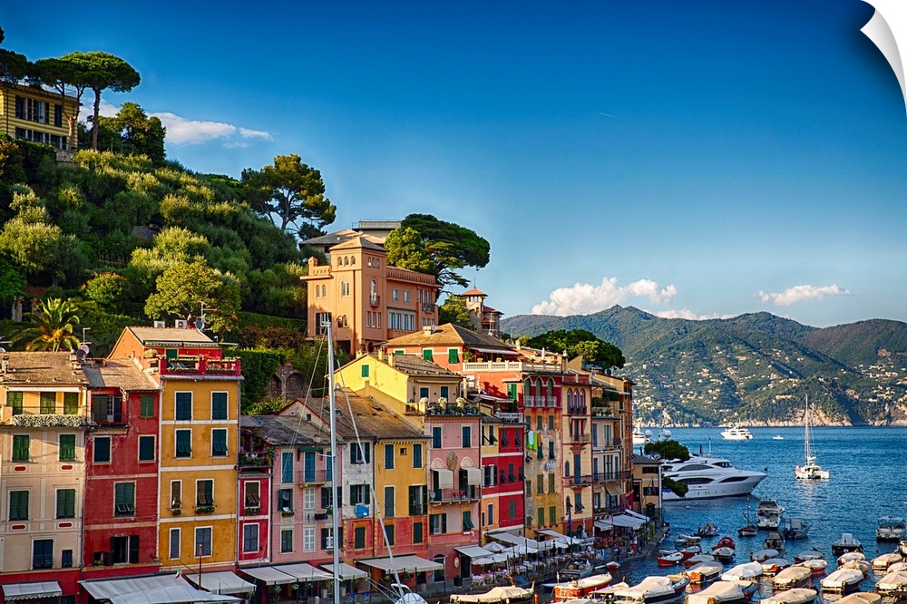 Fine art photo of the brightly painted houses along the Mediterranean sea, Portofino, Italy.