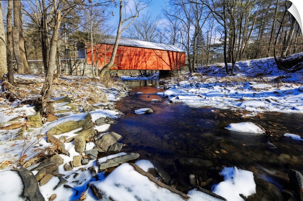 Low Angle View of the Cabin Run Covered Bridge During Winter, Bucks County, Pennsylvania.