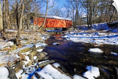 Covered Bridge Over the Cabin Run Creek During Winter, Pennsylvania