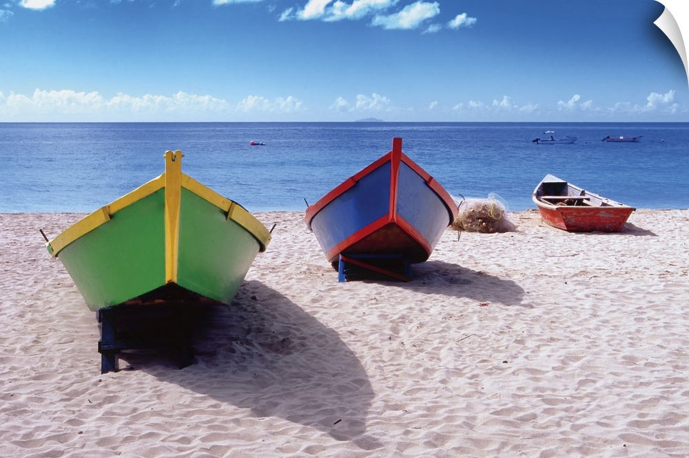 Frontal view of fishing boats on Crash Boat beach, Puerto Rico.