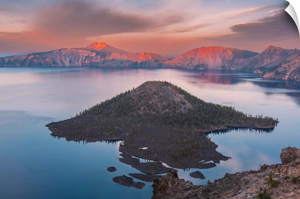 Watchman Overlook at Crater Lake National Park, Oregon, during golden hour sunset.