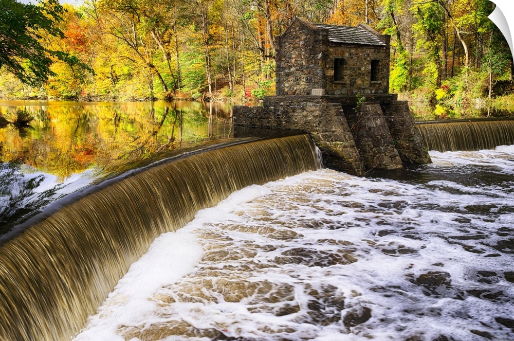 Dam on Speedwell Lake at the Place of the Old Ironwork During Fall, Morristown, Morris County, New Jersey, USA