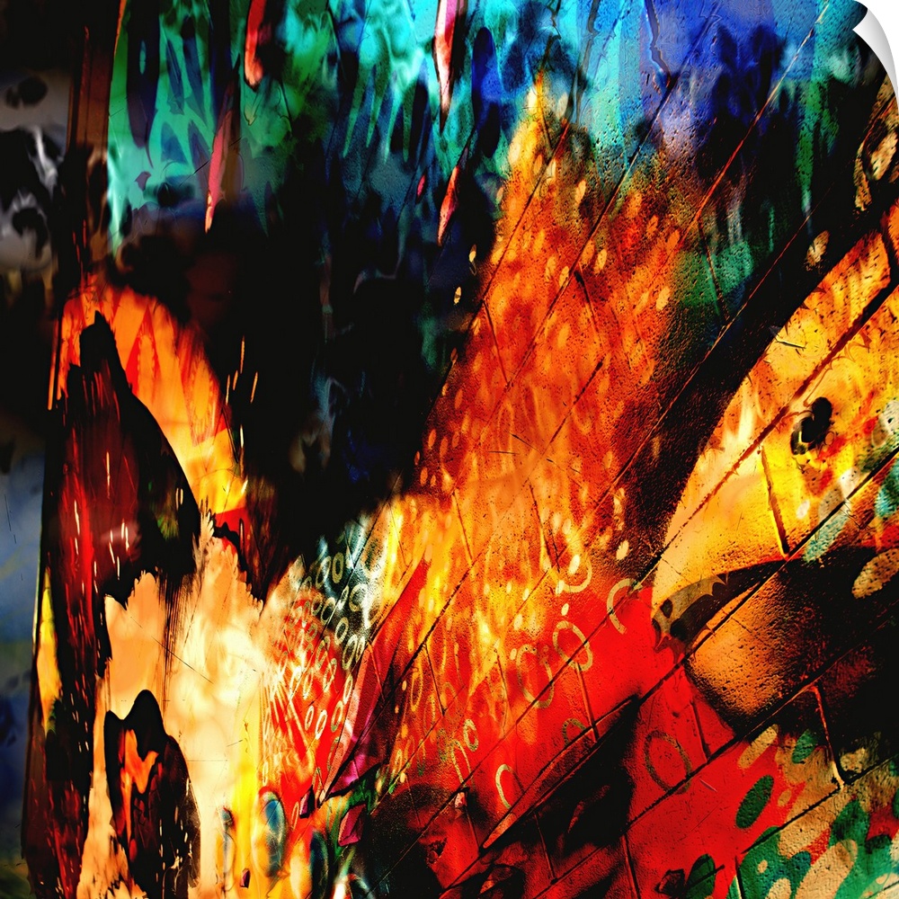 Intense fiery colors and warped imagery of a city street scene, creating an abstract image.