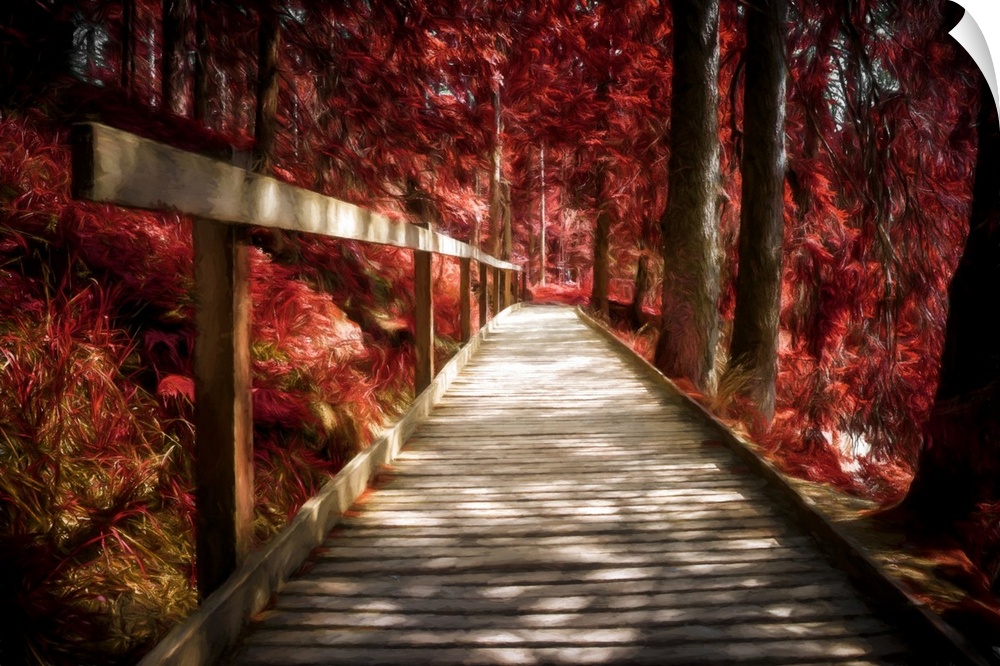 Photo Expressionism -Wooden path in a red autumn forest.