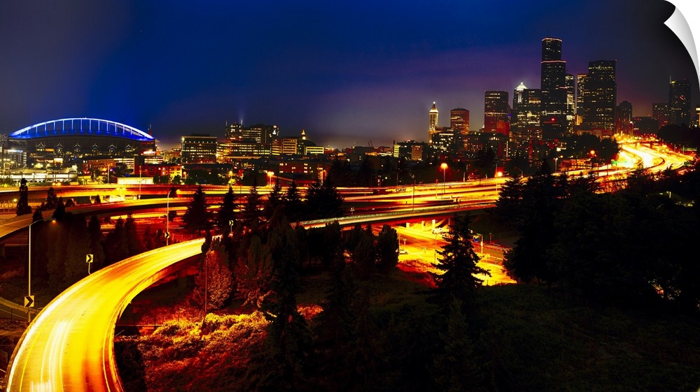 Downtown Seattle At Night with Freeways Passing Through, Washington, USA